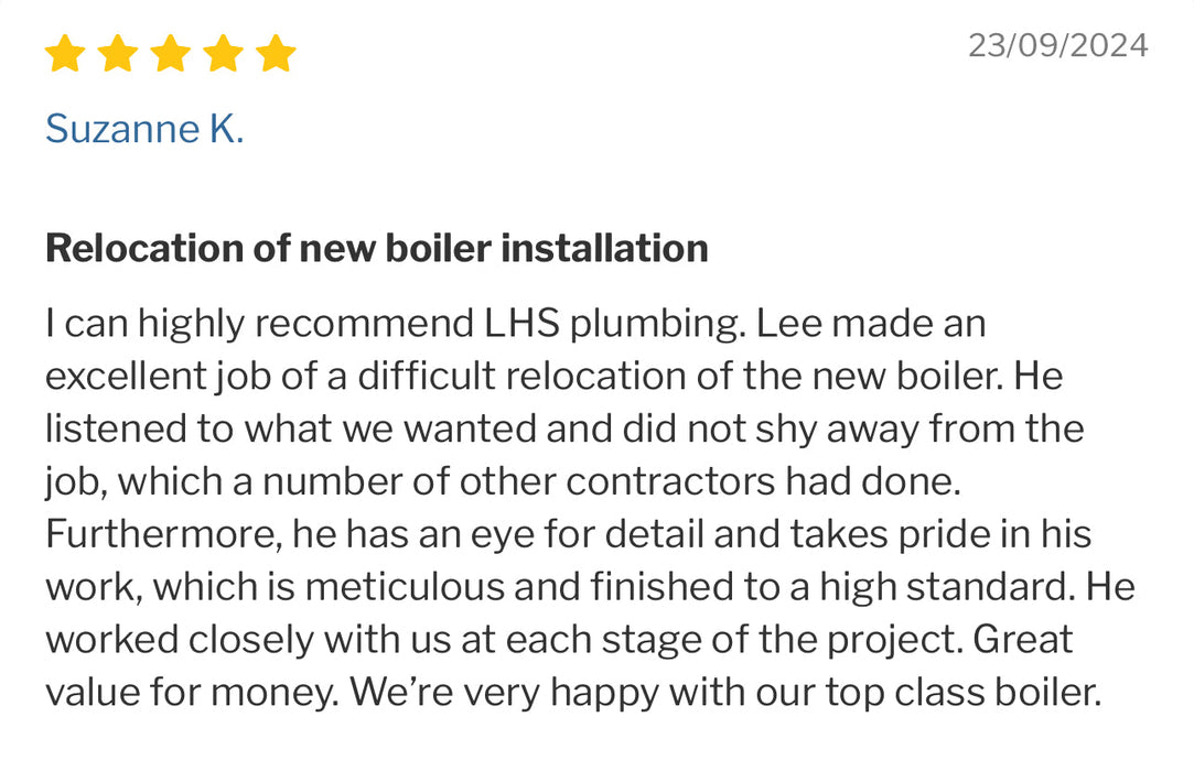 Positive review of LHS Plumbing for a new boiler installation, with a five star rating and date.